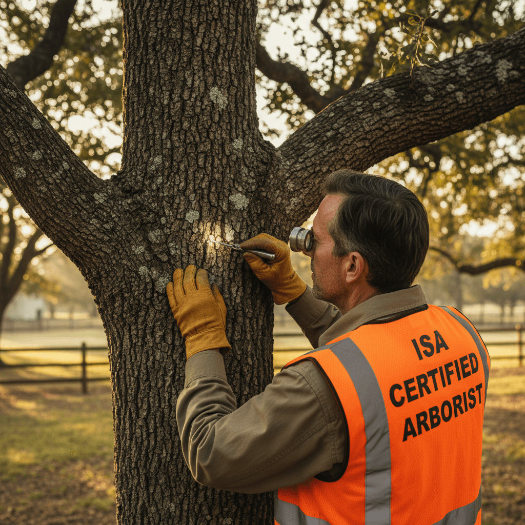 ISA Certified Arborist conducting detailed hazardous tree assessment