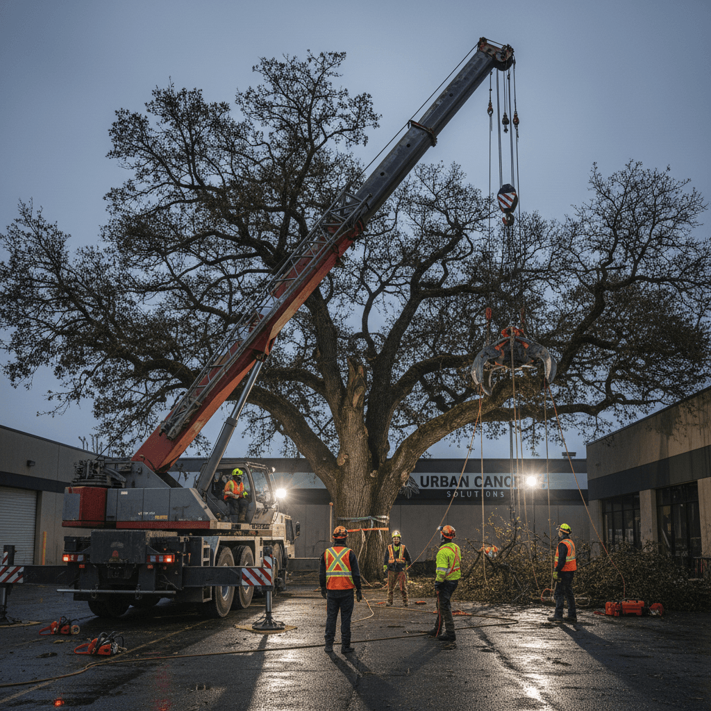 Crane-assisted tree removal operation in commercial setting
