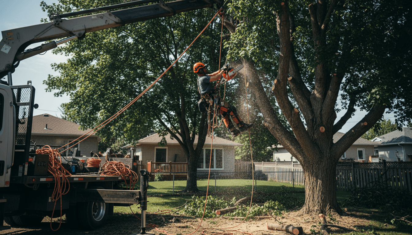 ISA Certified Arborist performing professional tree removal with safety equipment