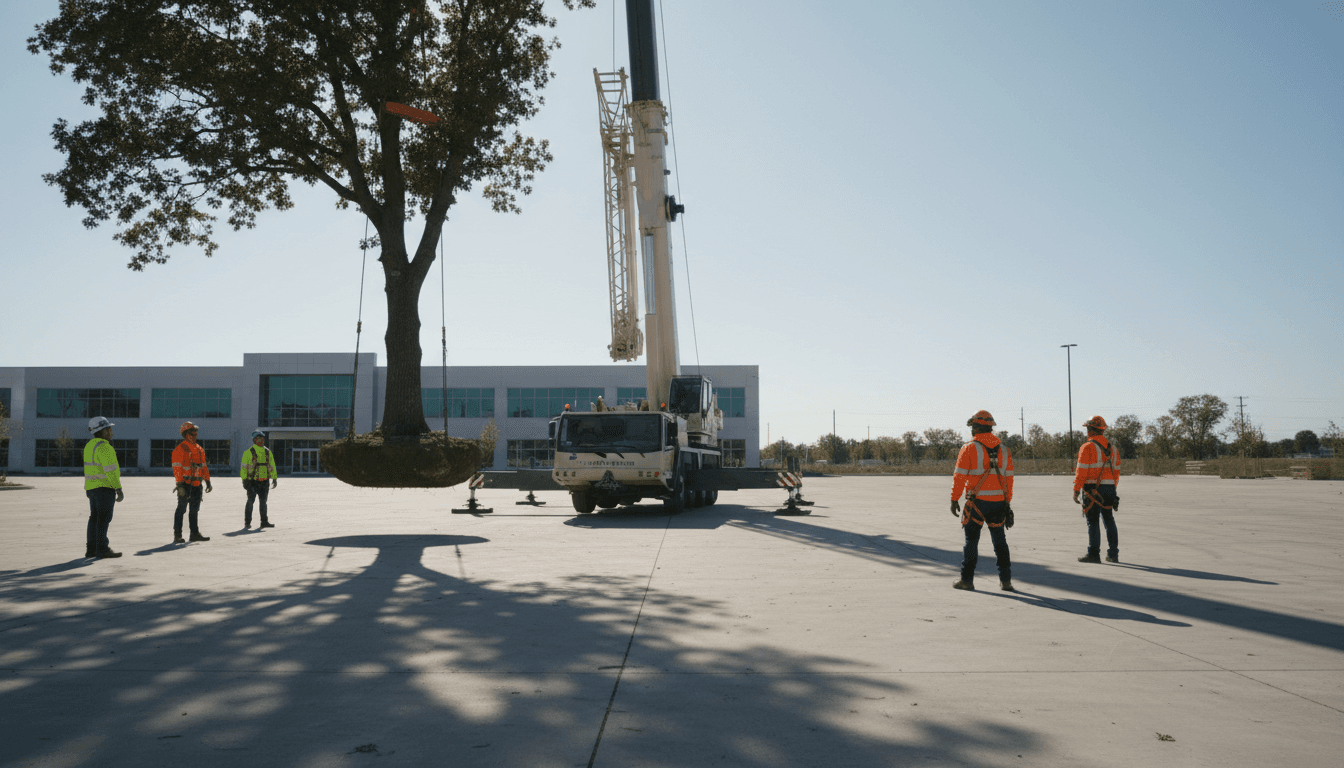 Professional crane-assisted tree removal on commercial property with safety crew