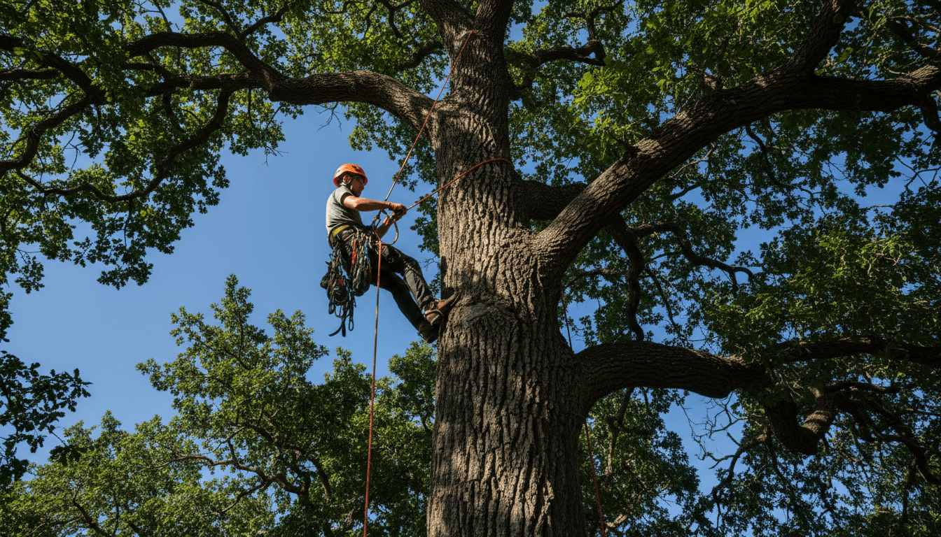 Professional arborist with safety equipment climbing a mature tree
