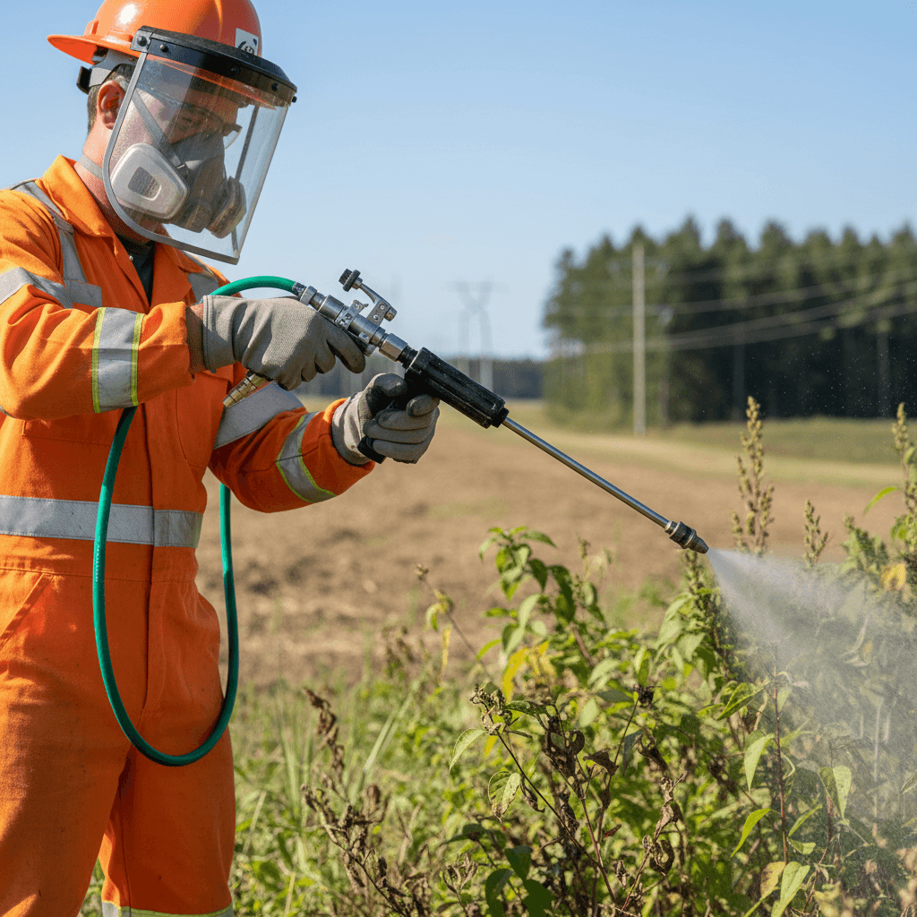Licensed exterminator applying professional vegetation management treatment