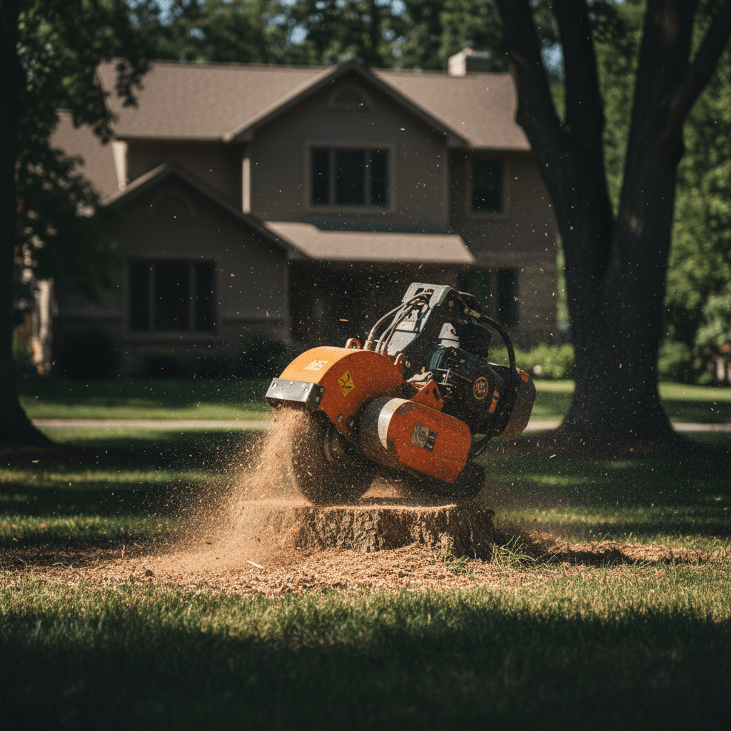 Stump grinding equipment in residential yard