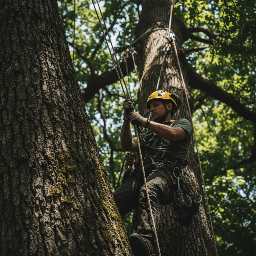 Tree removal expert safely descending during professional removal operation